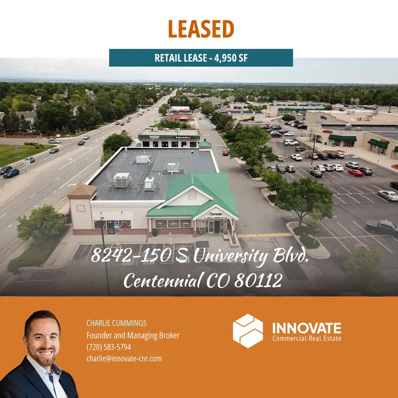 Commercial property at 8242-150 S University Blvd., Centennial, CO, leased by Innovate Commercial Real Estate, a commercial real estate broker in Centennial, Colorado